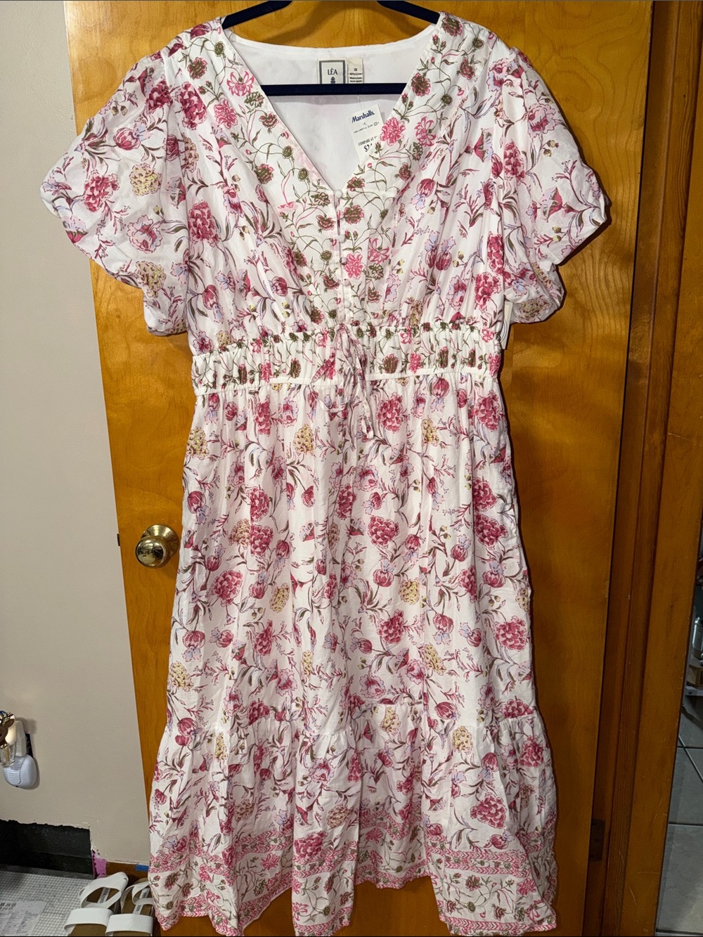 Smocked Waist Floral V-Neck Casual Dress - Pink on White